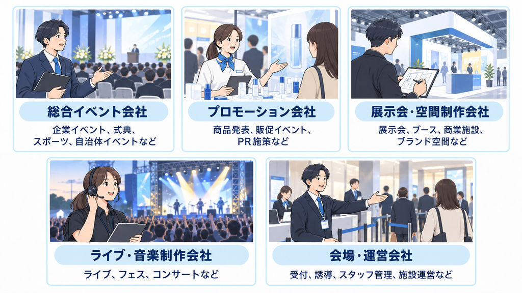イベント会社の5種類（総合イベント、プロモーション、展示会・空間制作、ライブ・音楽制作、会場・運営）の特徴を比較した図解