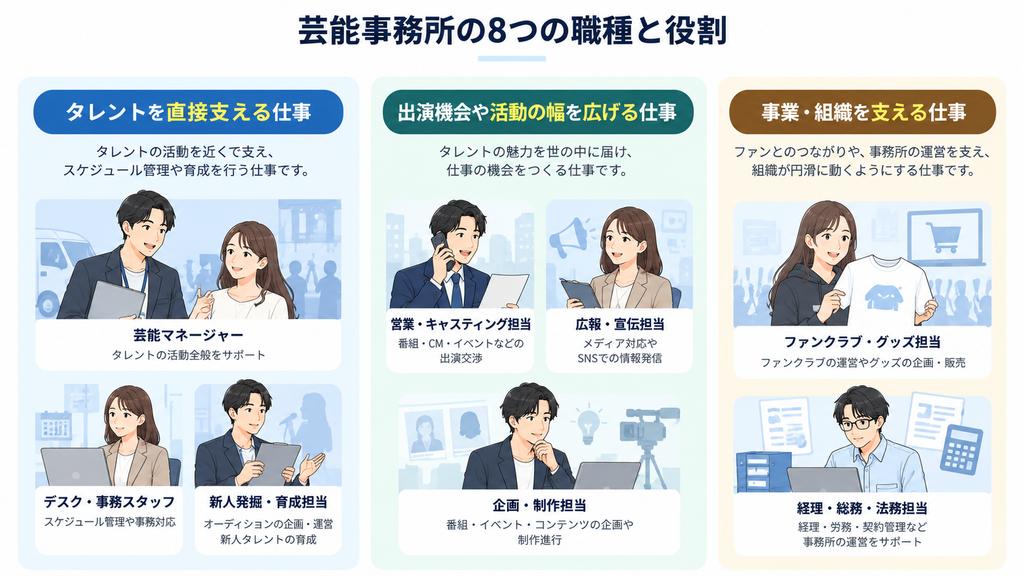 芸能事務所の8つの職種を役割別に分類した図解